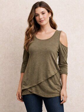 NEIMAN MARCUS Olive Green Cut-Out Sleeve Sweater Size M